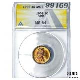 1909 VDB Wheat Cent ANACS MS64 RB
