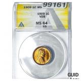 1909 VDB Wheat Cent ANACS MS64 RB