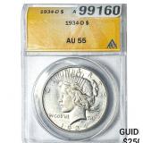 1934-D Silver Peace Dollar ANACS AU55
