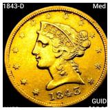 1843-D Med D $5 Gold Half Eagle CHOICE AU