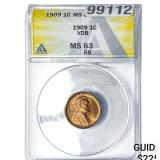 1909 VDB Wheat Cent ANACS MS63 RB