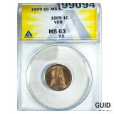 1909 Wheat Cent ANACS MS63 RB