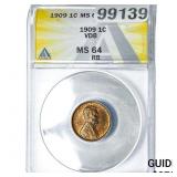 1909 VDB Wheat Cent ANACS MS64 RB
