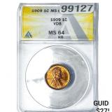 1909 VDB Wheat Cent ANACS MS64 RB