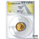 1909 VDB Wheat Cent ANACS MS64 RB