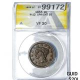 1855 Braided Hair Large Cent ANACS VF30 Upright 55