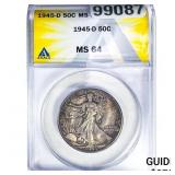 1945-D Walking Liberty Half Dollar ANACS MS64