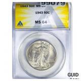 1943 Walking Liberty Half Dollar ANACS MS64