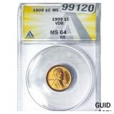 1909 VDB Wheat Cent ANACS MS64 RB