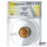 1909 VDB Wheat Cent ANACS MS64 RB