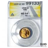 1909 VDB Wheat Cent ANACS MS64 RB