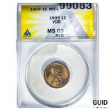 1909 VDB Wheat Cent ANACS MS63 Red