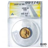 1909 VDB Wheat Cent ANACS MS63 RB