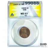 1909 VDB Wheat Cent ANACS MS63 RB