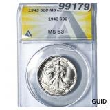 1943 Walking Liberty Half Dollar ANACS MS63