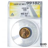 1909 VDB Wheat Cent ANACS MS63 RB