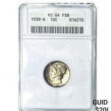 1939-D Mercury Silver Dime ANACS MS64 FSB