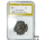 1837 Coronet Head Large Cent PGA MS60 Plain Cord,