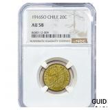 1916-SO Chile Silver 20 Centavos NGC AU58