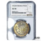 1932-M Mexico Silver Peso Gold Toning! NGC AU58