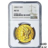 1858-S $20 Gold Double Eagle NGC AU53