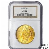 1874 $20 Gold Double Eagle NGC MAU58