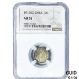1916-SO Chile Silver 10 Centavos NGC AU58