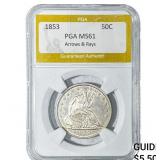 1853 Seated Liberty Half Dollar PGA MS61 Arrows &