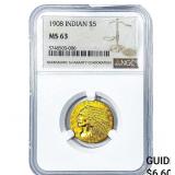 1908 $5 Gold Half Eagle NGC MS63