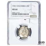 1941 Colombia Silver 20 Centavos NGC MS64
