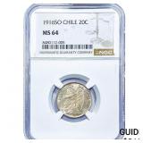 1916 Chile Silver 20 Centavos NGC MS64