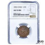 1853 Chile Copper 1/2 Centavos NGC AU53 BN