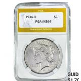 1934-D Silver Peace Dollar PGA MS64