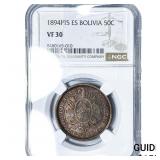1894-PTS Bolivia Silver 50 Centavos NGC VF30