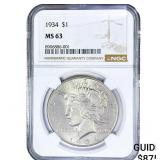 1934 Silver Peace Dollar NGC MS63
