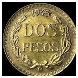1945 Mexico Gold 2 Pesos GEM BU
