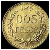 1945 Mexico Gold 2 Pesos GEM BU