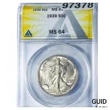 1939 Walking Liberty Half Dollar ANACS MS64