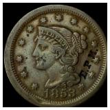 1853 Braided Hair Large Cent LIGHTLY  CIRCULATED