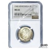1945 Venezuela Silver 2 Bolivars NGC MS65