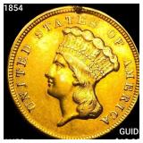 1854 $3 Gold Piece CHOICE AU