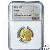 1911-S $5 Gold Half Eagle NGC AU55