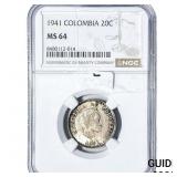 1941 Colombia Silver 20 Centavos NGC MS64
