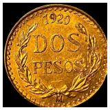 1920 Mexico Gold 2 Pesos UNCIRCULATED