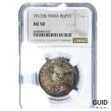 1917(B) British India Silver Rupee Toned! NGC AU50