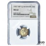 1907 Denmark Silver 25 Ore NGC MS62