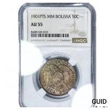 1901-PTS Bolivia Silver 50 Centavos NGC AU55