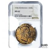 1946 Romania Silver 100,000 Lei NGC MS62