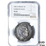 1831A France Silver 5 Francs Laureate Head  VF25
