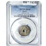 1949 Spain 50 Centimos PCGS XF45 Arrows Up